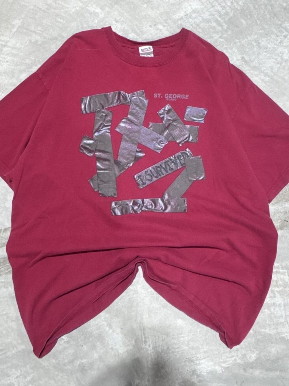 Vintage Y2K St George Island FL I Survived Faux Duct Tape Tee 2XL Red